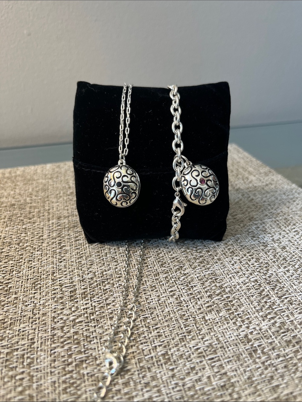 Matching Locket Filigree Necklace & Bracelet Set - Garnet & Black Accents - Picture 8 of 14